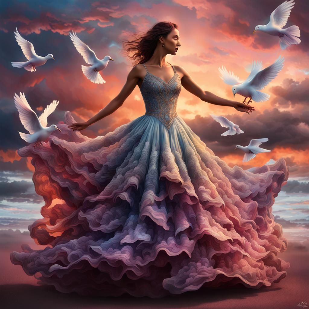 Woman in Dove Dress at Sunset