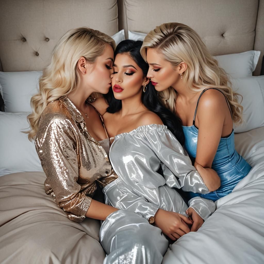 Fashionable Lesbians Kissing Playfully on Bed
