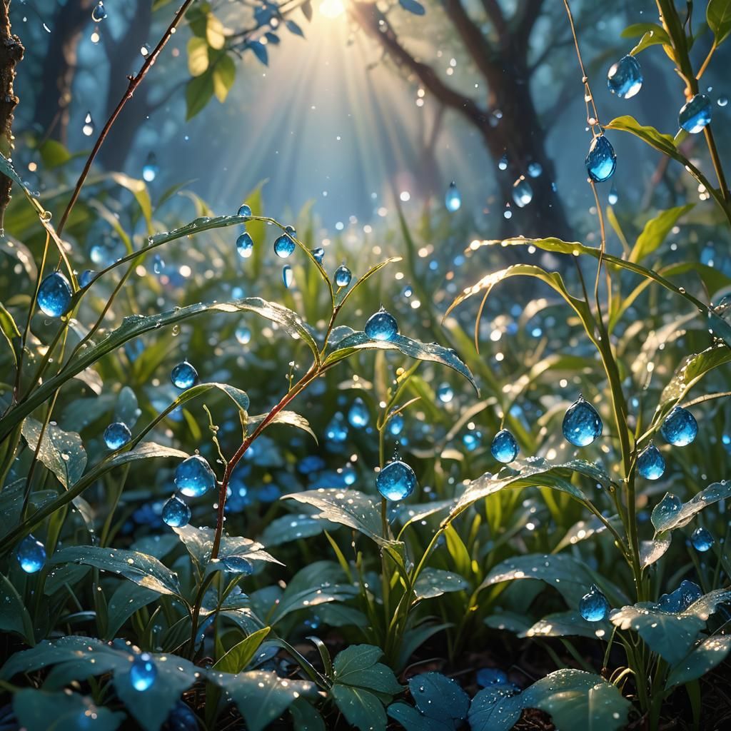 Sparkling Dewdrops in Radiant Blue Light