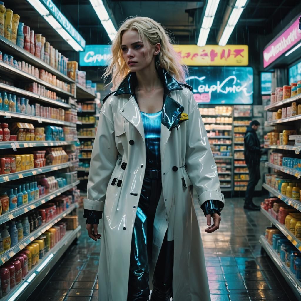 Cyberpunk Woman in Neon Noir Supermarket