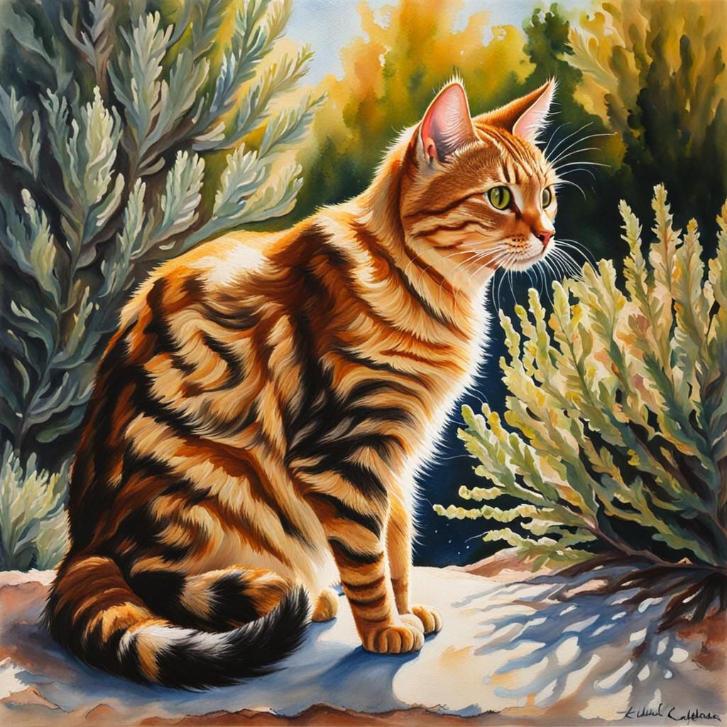 Mediterranean Cat Portrait in Gouache Painting