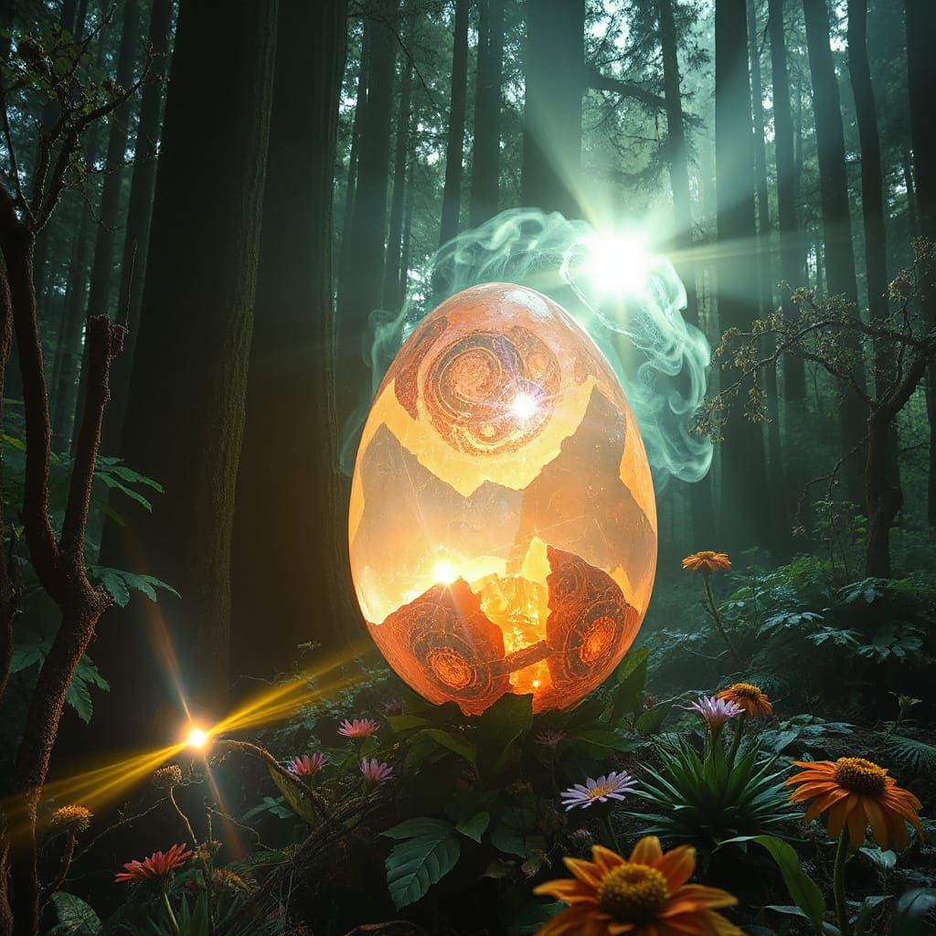 Glowing Crystalline Egg in Otherworldly Forestscape
