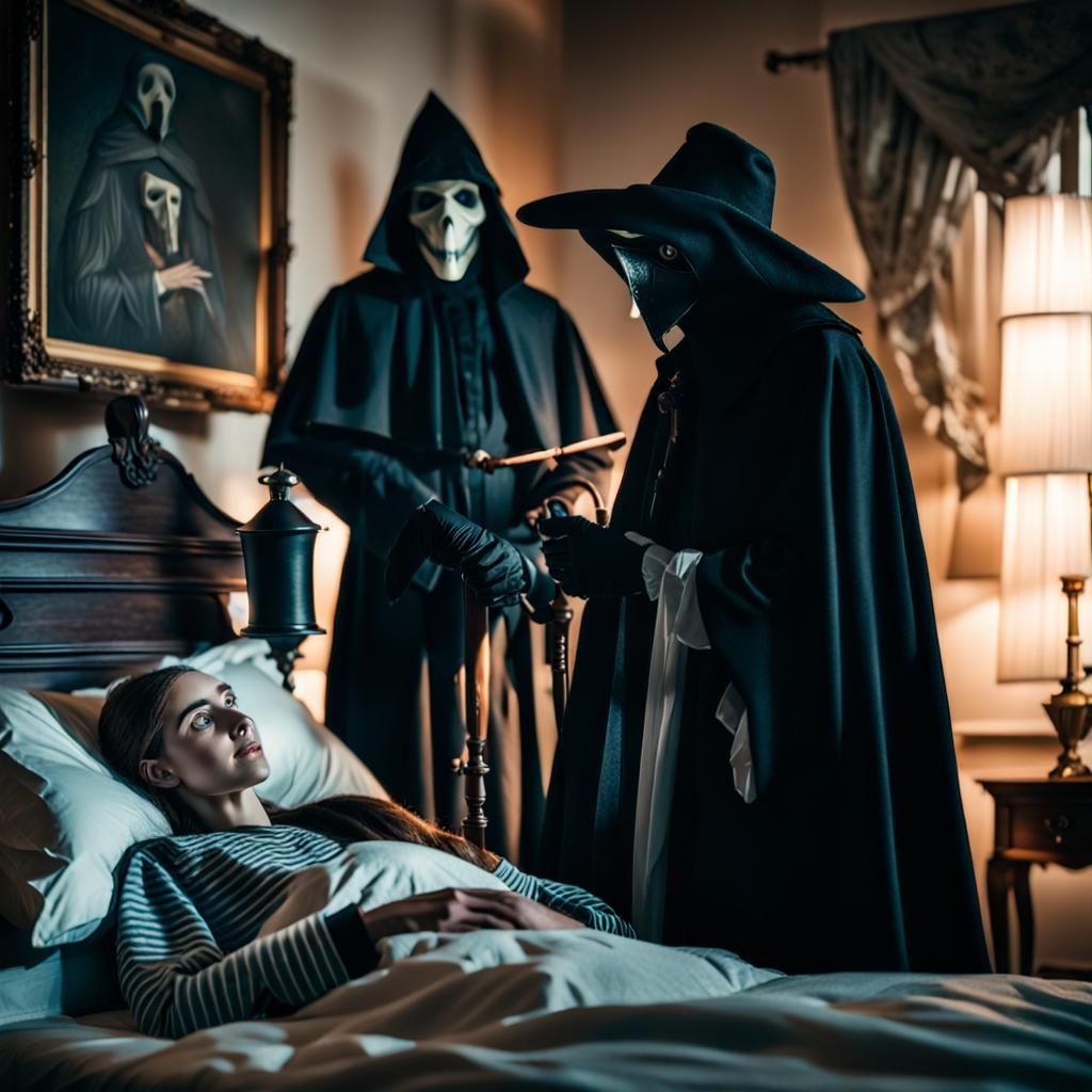 Plague Doctor Attends Sickly Woman with Grim Reaper