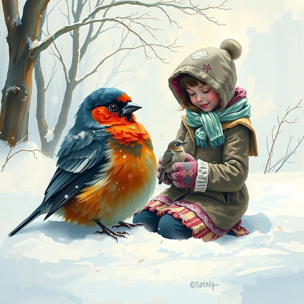Girl and Bird in Winter Landscape Watercolor
