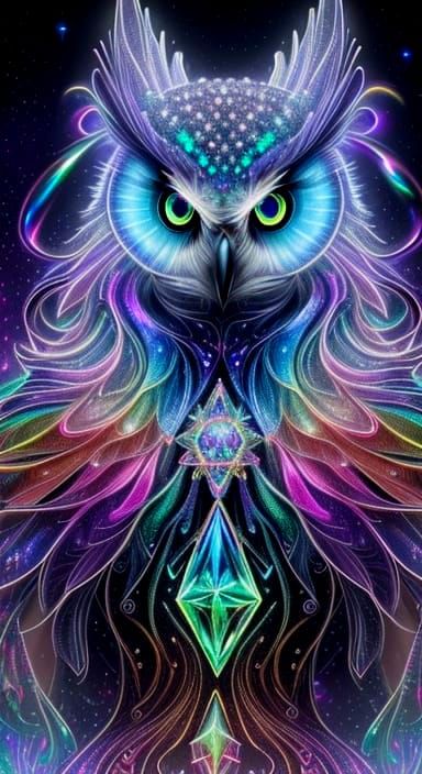 Surreal Rainbow Owl in Whimsical Cosmic Landscape