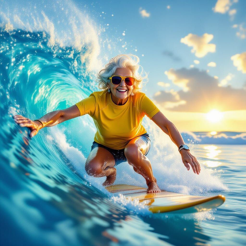 Elderly Woman Surfing a Wave at Sunset