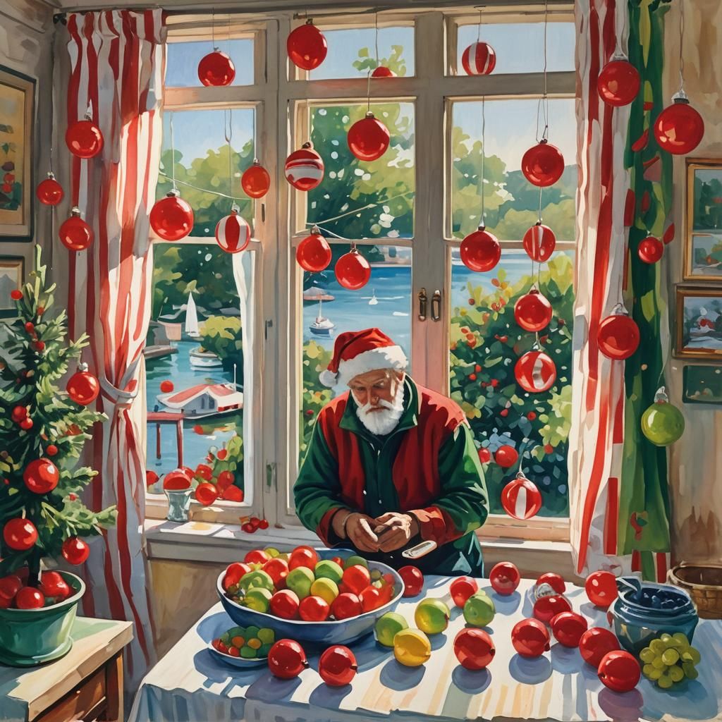 Impressionist Santa Searches for Fruit in Still Life