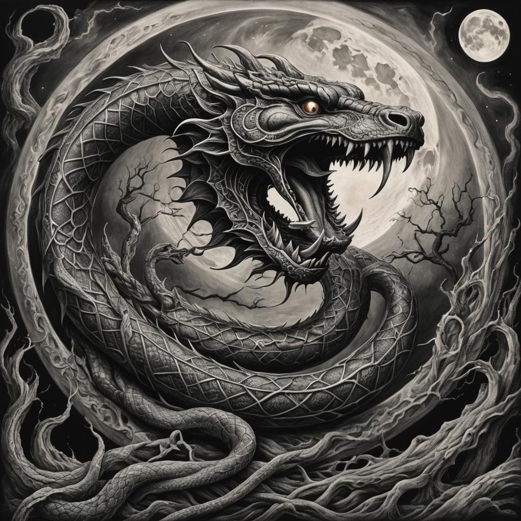 Hyperdetailed Charcoal Drawing: Serpent Eats Moon