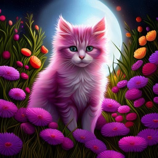 Pink and Purple Kitten in Gothic Flower Meadow