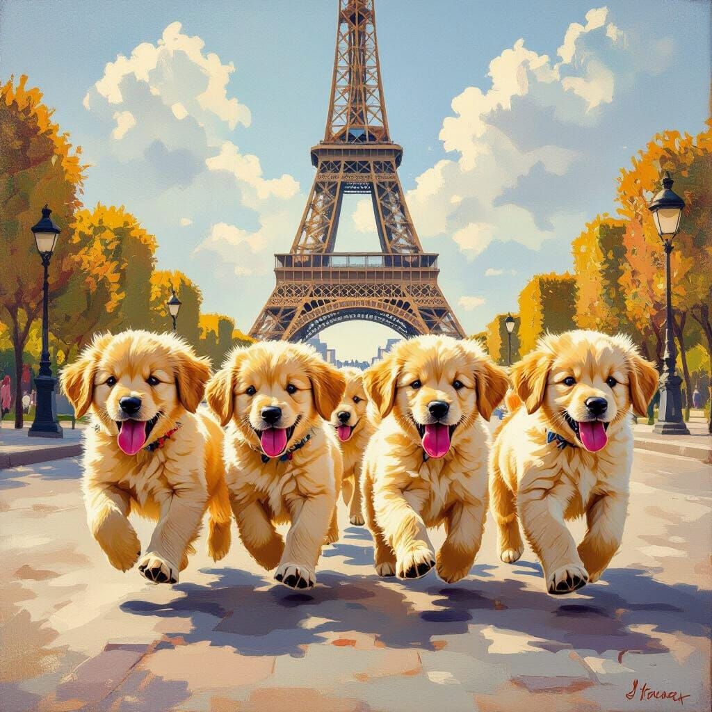 Playful Golden Retriever Puppies Running by the Eiffel Tower...