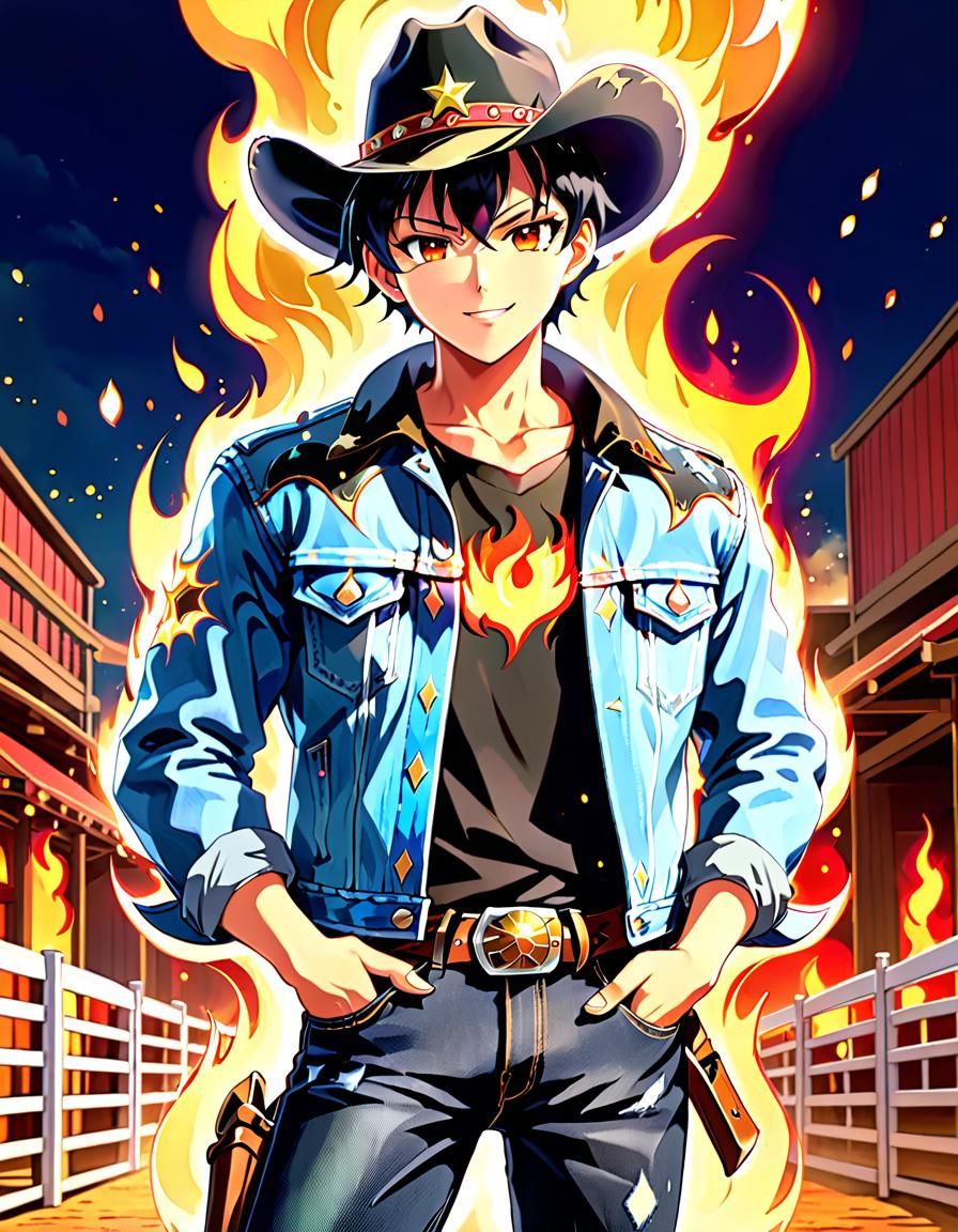 Anime Fire Cowboy at the Rodeo in Manga Style
