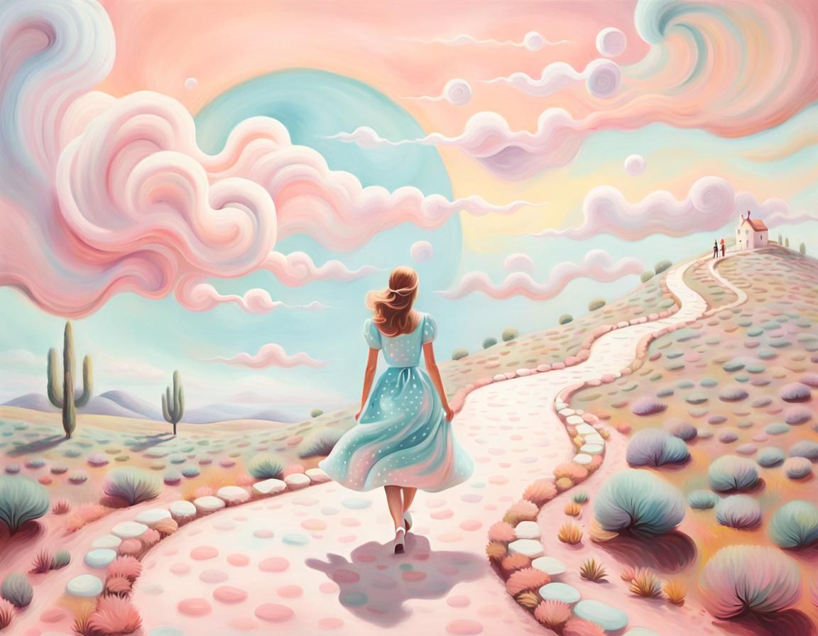 Dreamscape: Woman in Polka Dots, Surreal Pastel Art