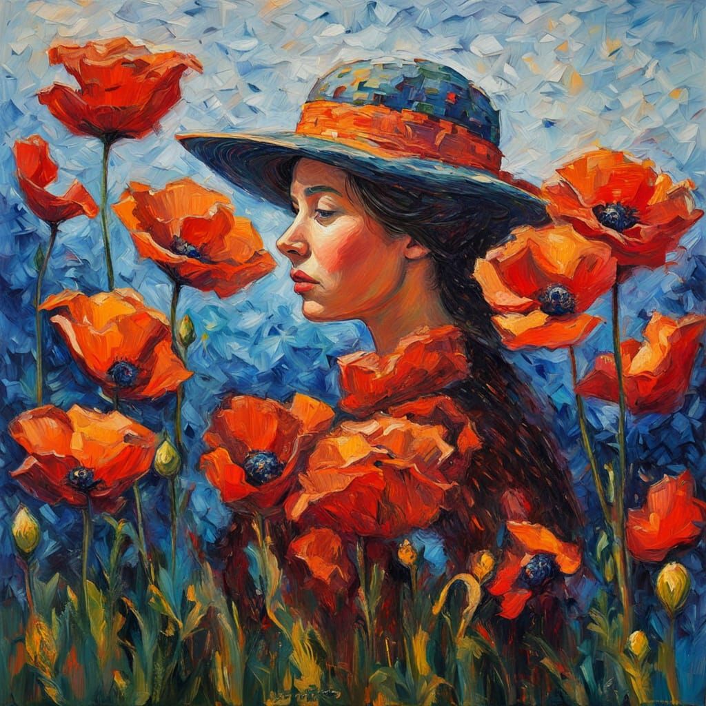 Woman Wearing Poppy Crown in Neo-Impressionist Style
