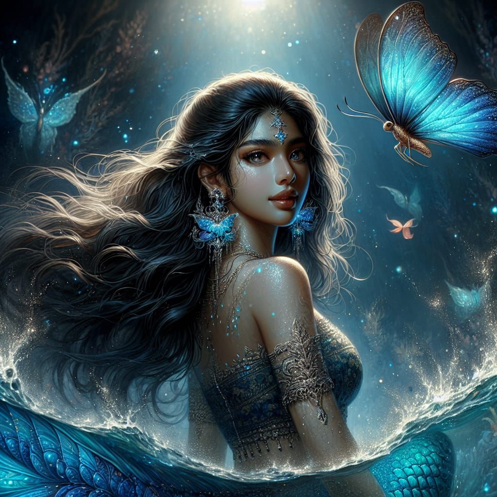 South Asian Mermaid with Blue Tail in Moonlight
