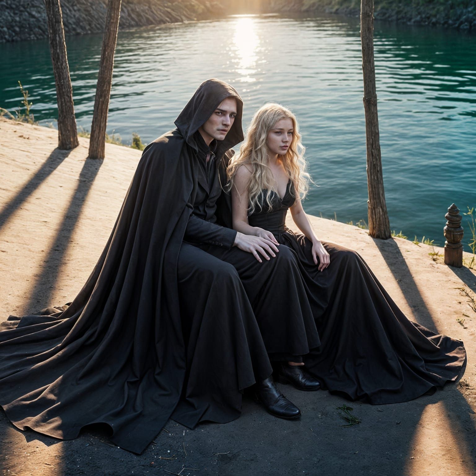 Ethereal Specter and Blonde Woman by Moonlit Lake