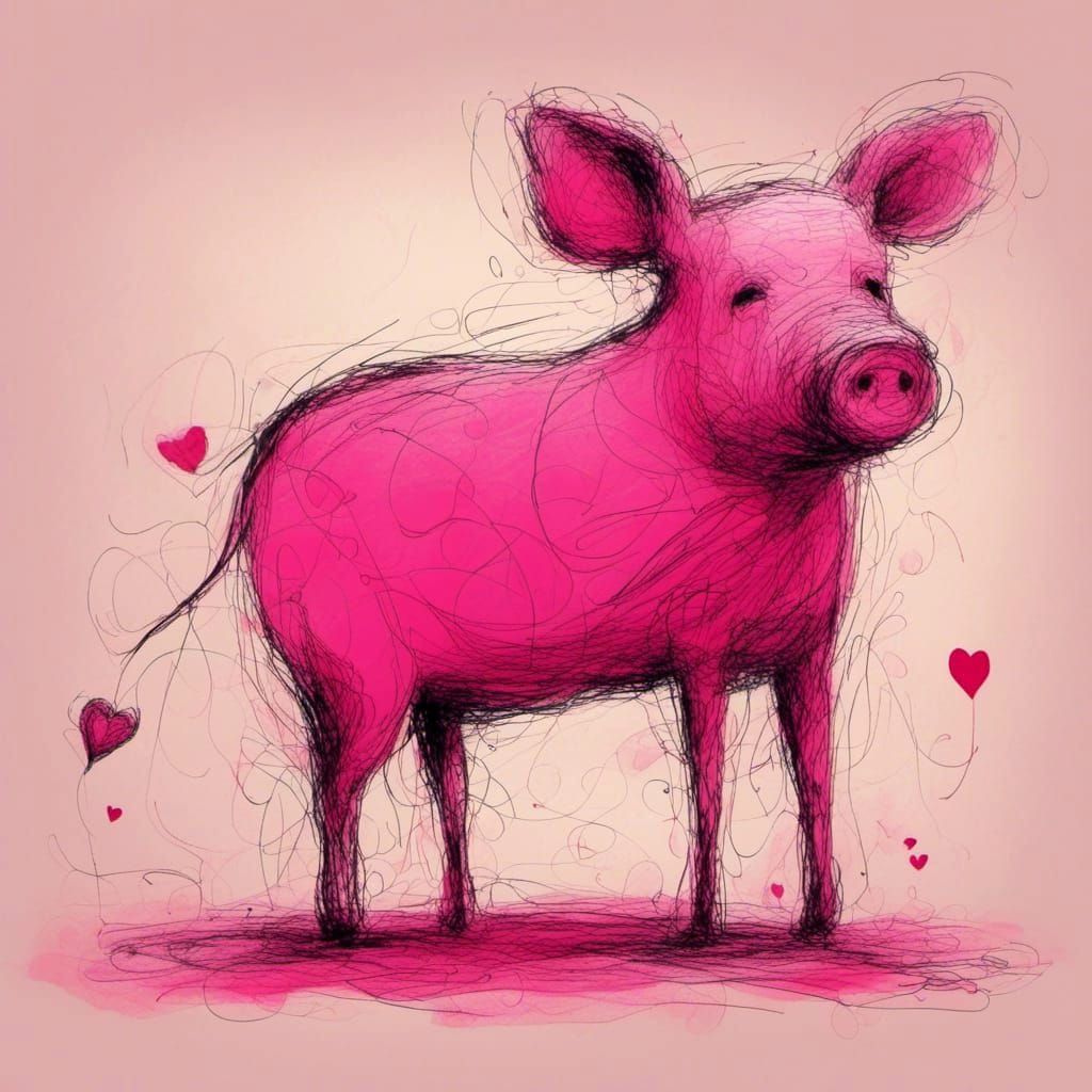Elegant Pink Piglet Stick Figure with Heart
