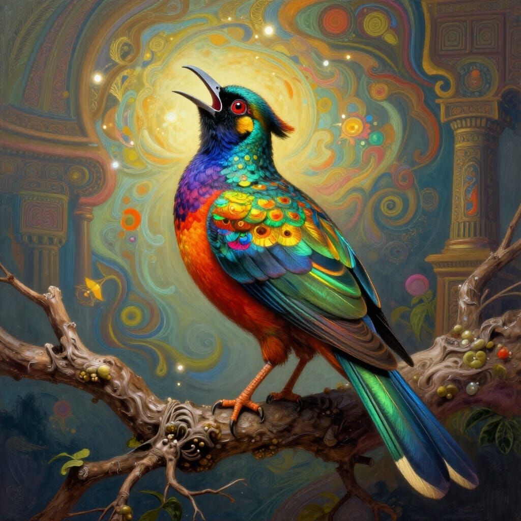 Rainbow Feathered Bird Sings Soulful Melody