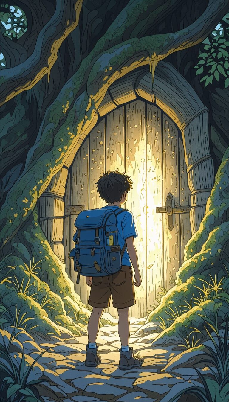 Boy at Magical Forest Door in Ethereal Light
