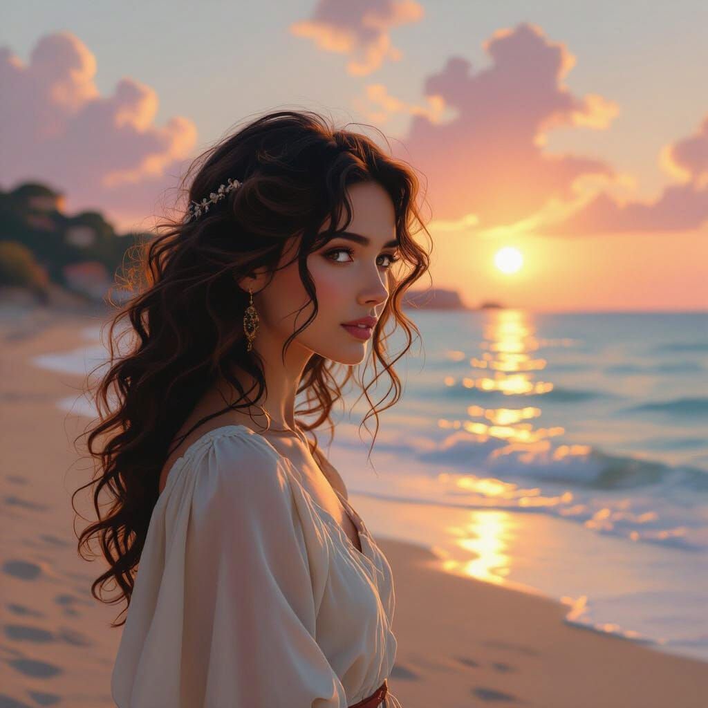 Romantic Cinematic Beach Scene with Curly-Haired Mary and Da...