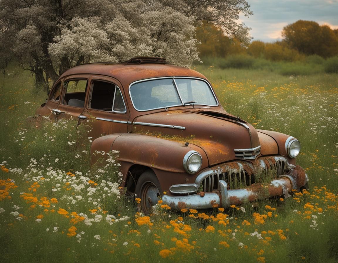Forgotten Rusted Car in Field of Flowers