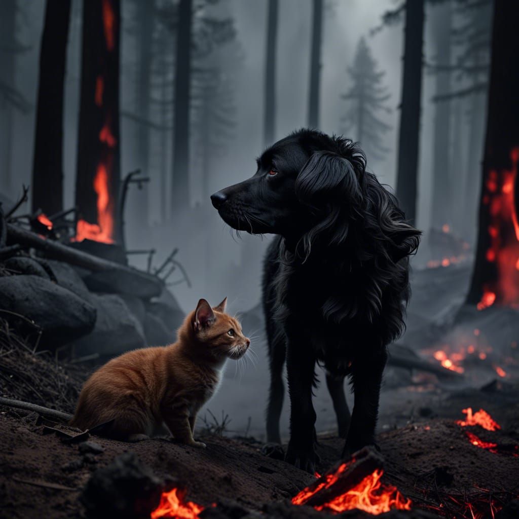 Dog Rescues Kitten from Forest Fire