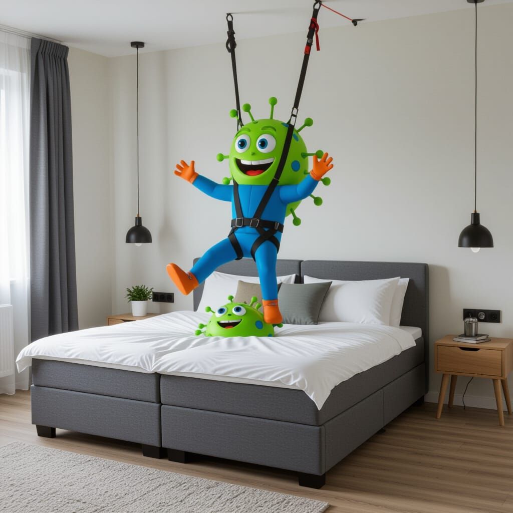 Microbes Bungy Jumping Off Sofa Bed in Whimsical Style
