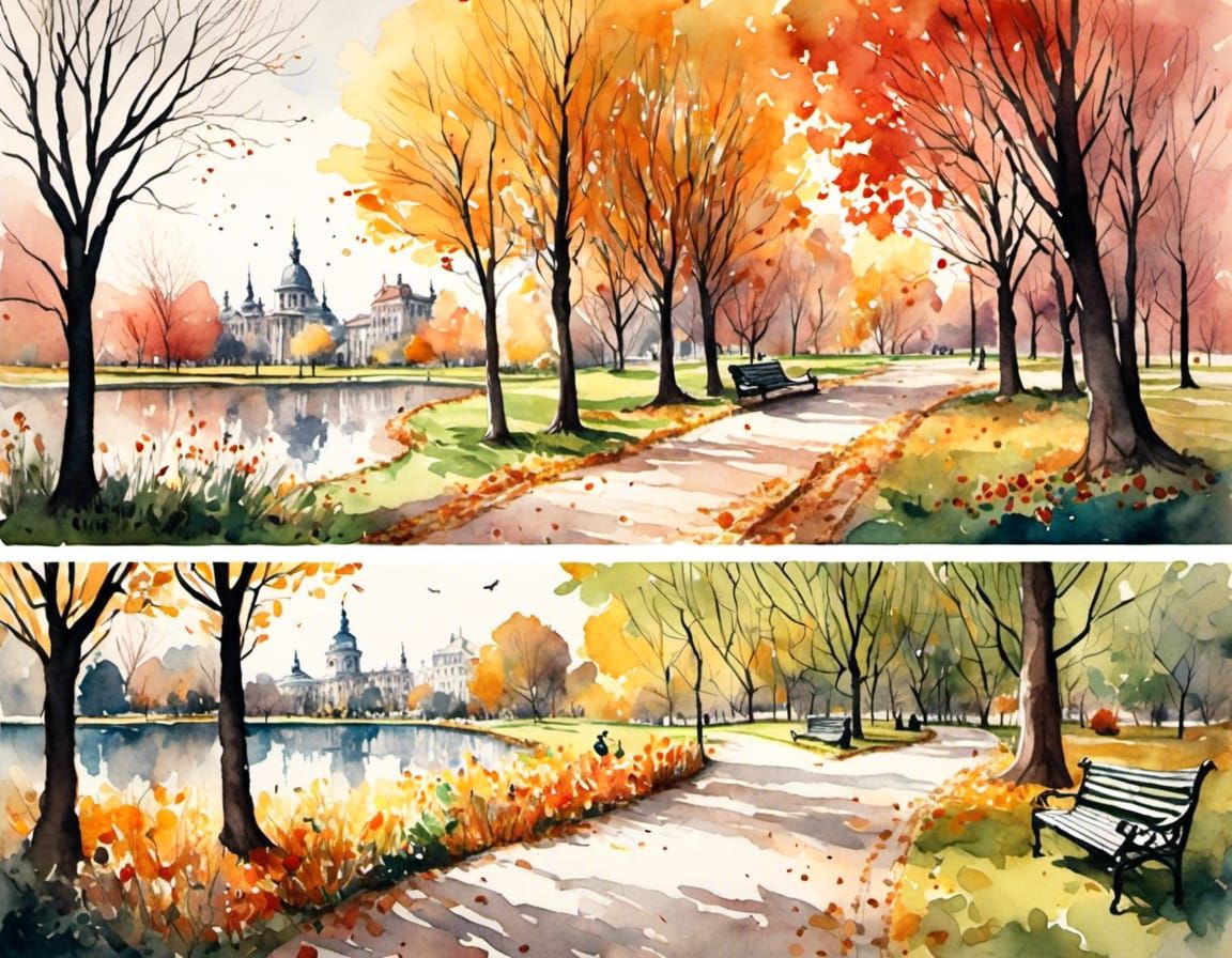 Spring and Autumn Parks in Antique Watercolor Style