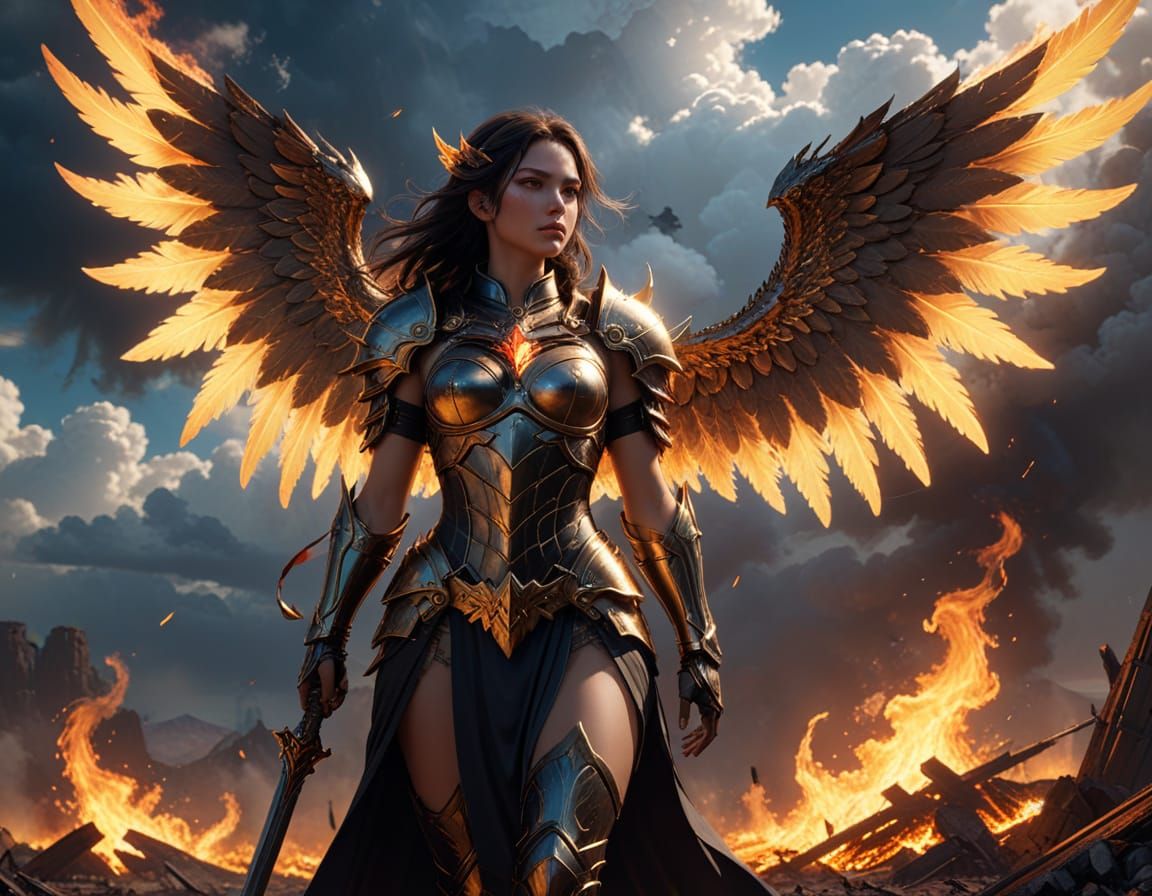 Epic Angelic Warrior in Golden Hues Amidst Burning Wasteland