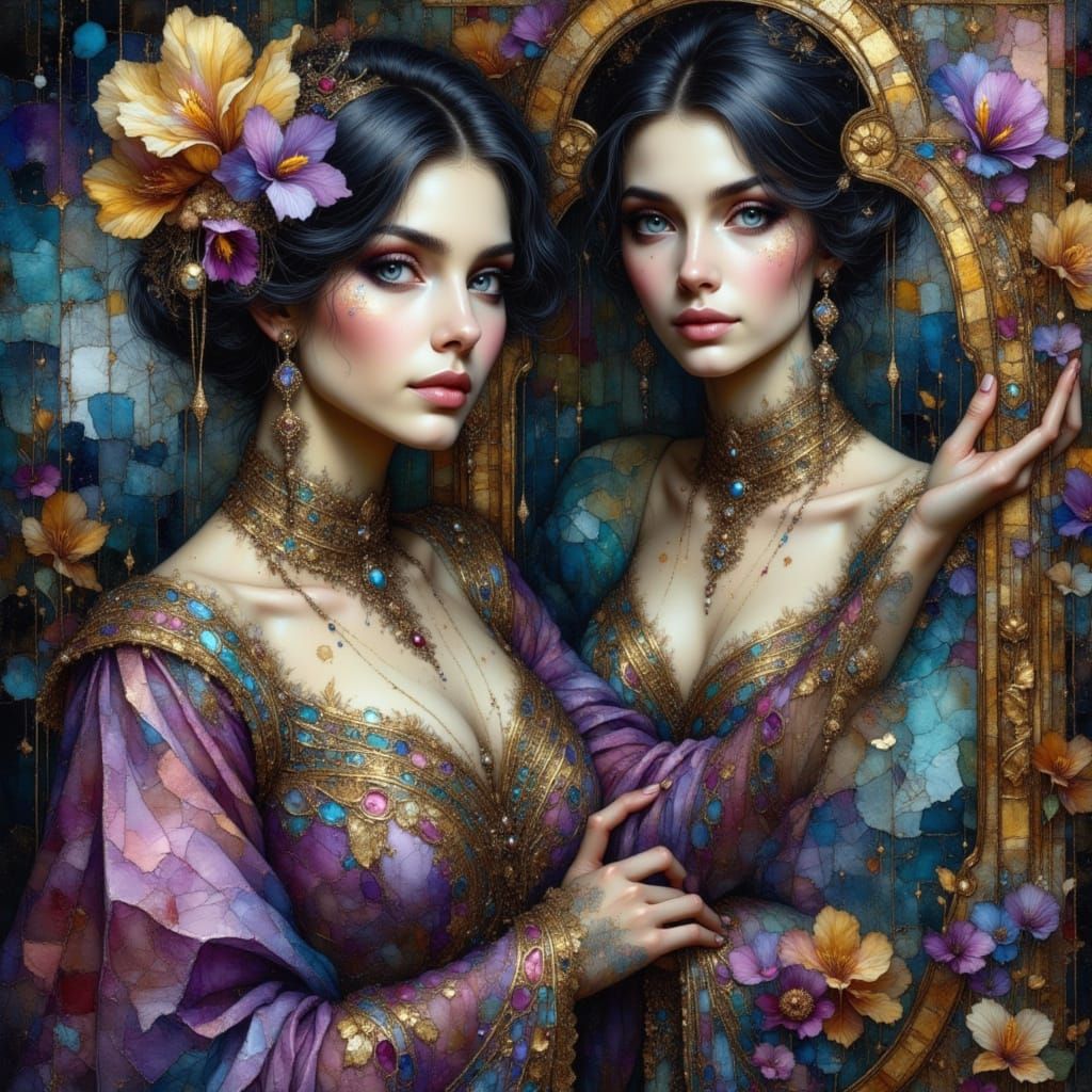 Persian Princess Touching Reflection, Ethereal Impressionism
