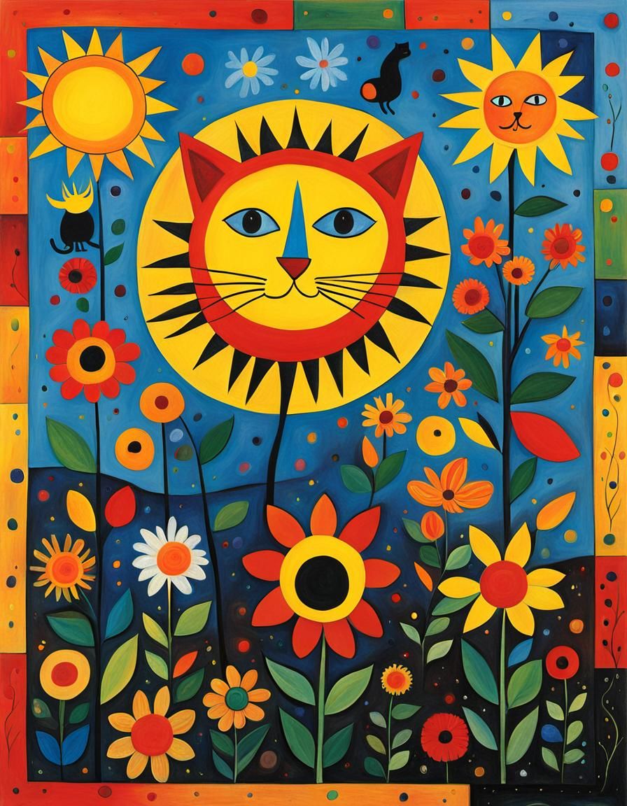 Sun, Flowers, and Cats in Abstract Folk Art Style