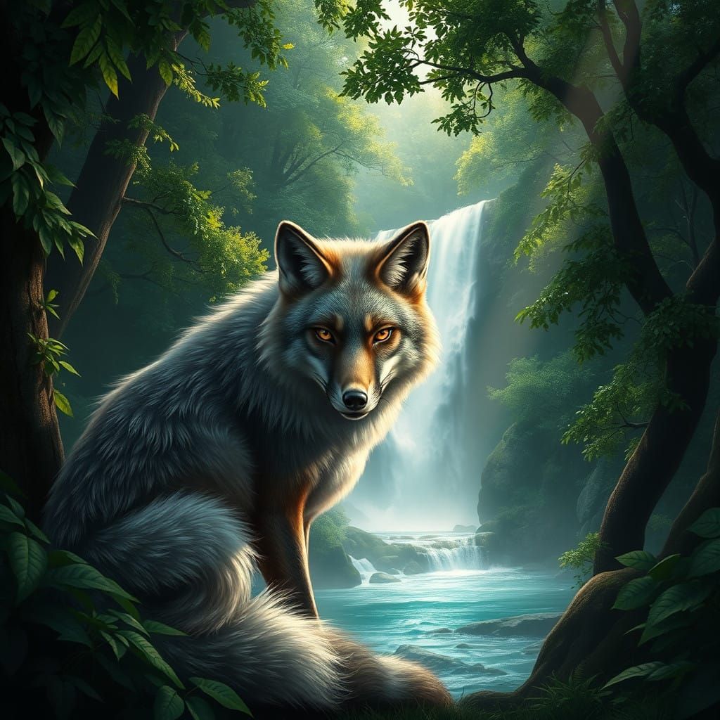 Regal Gray Fox in Lush Fantasy Forest