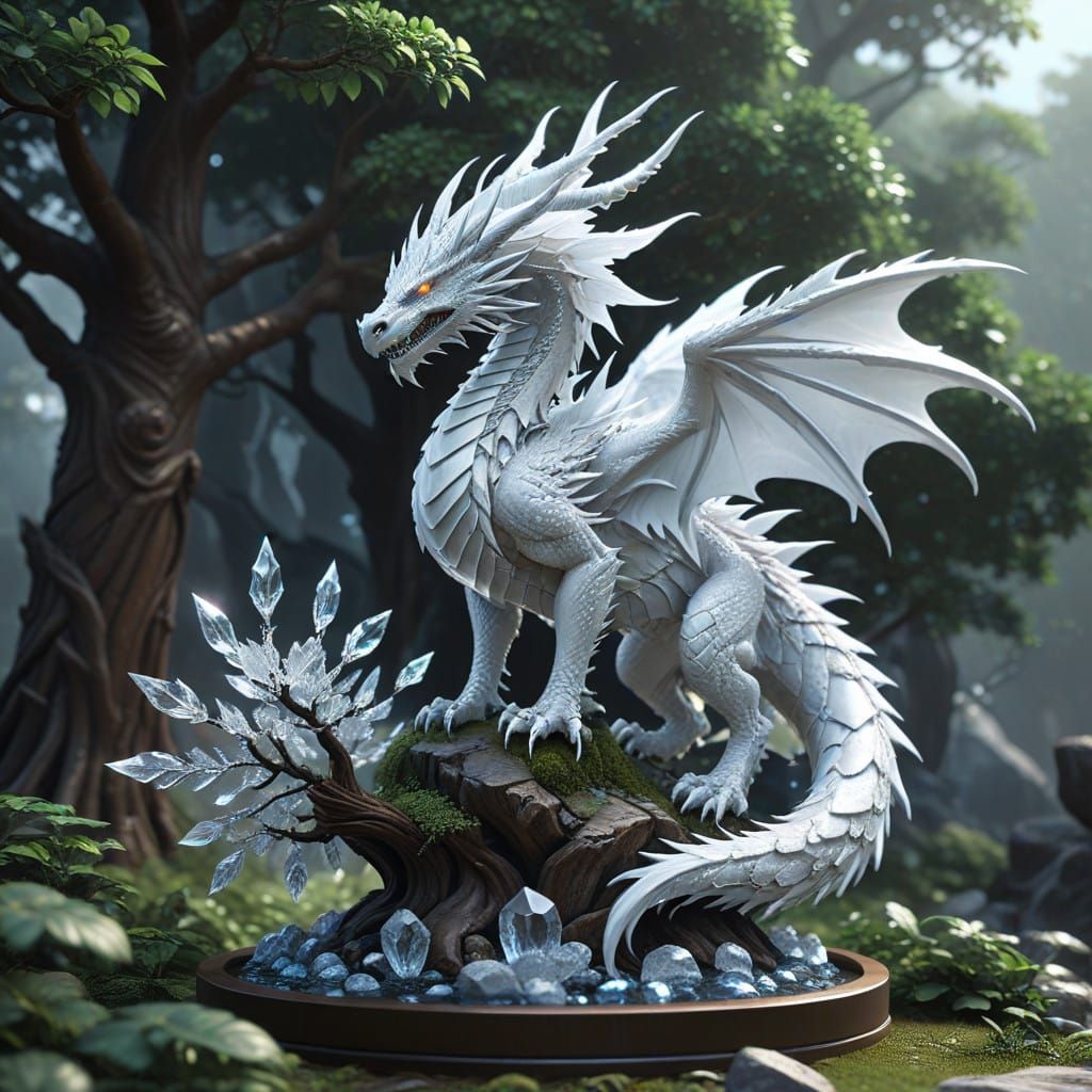 Majestic White Dragon Guards Crystal Tree in Ethereal Landsc...