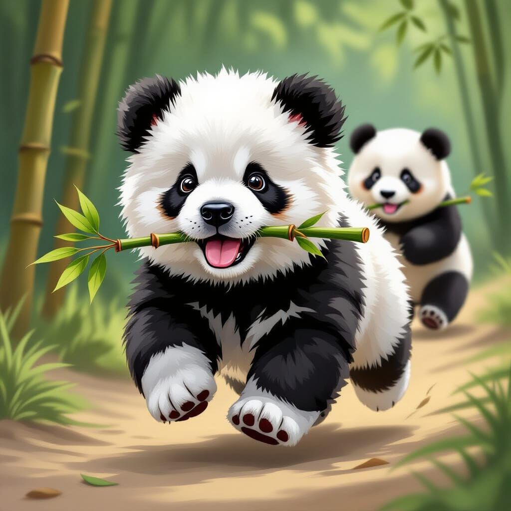 Chow Chow Puppy Painted as Panda Playing with Bamboo