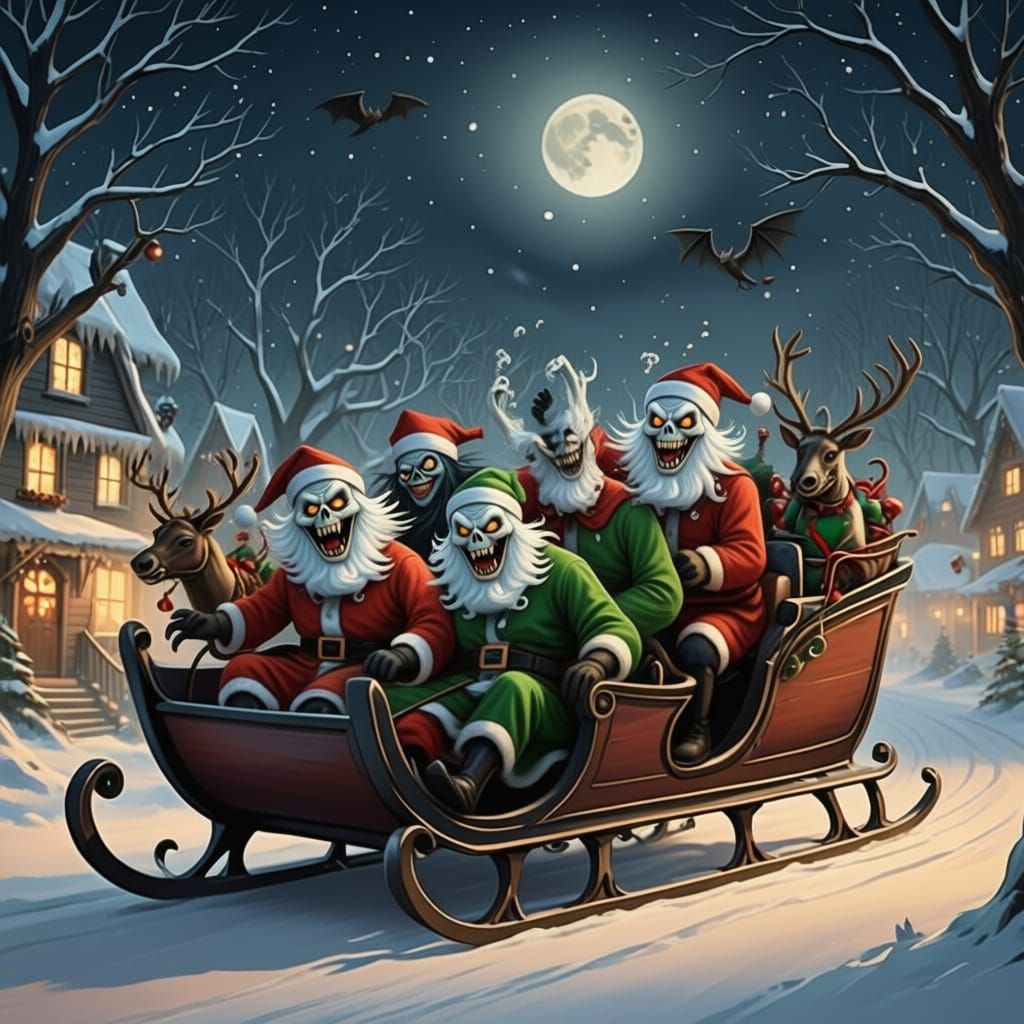 Festive Ghouls Enjoying a Snowy Sleigh Ride