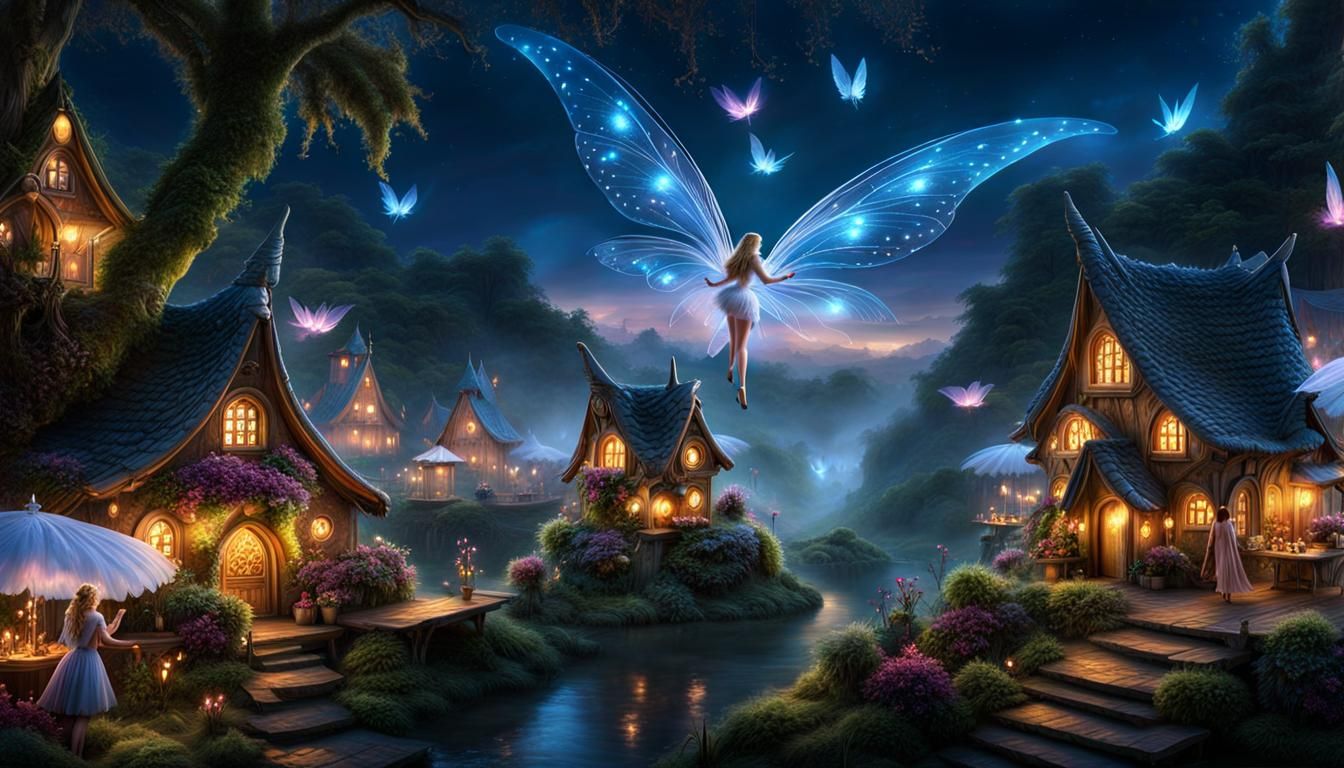 Bustling Fairy Marketplace with Winged Faeries