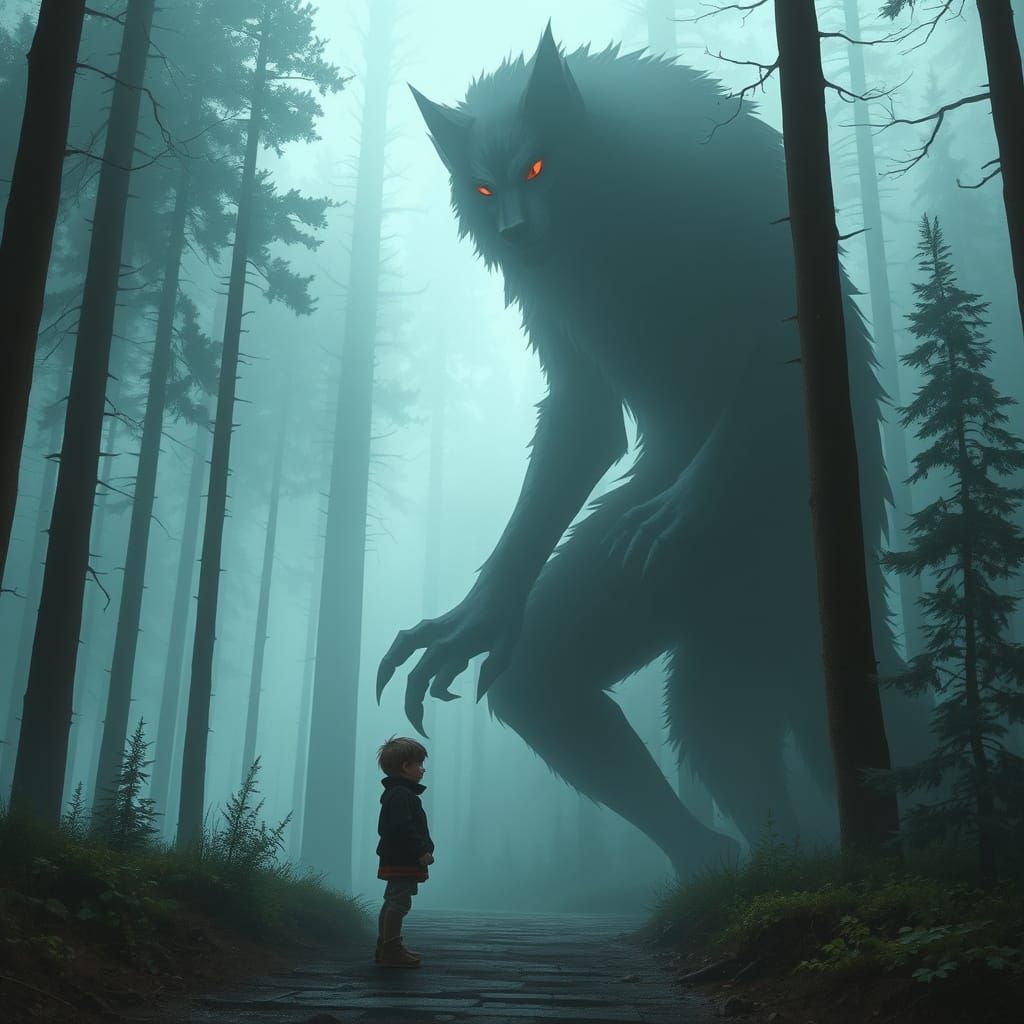 Mysterious Forest Encounter with a Towering Shadow Wolf