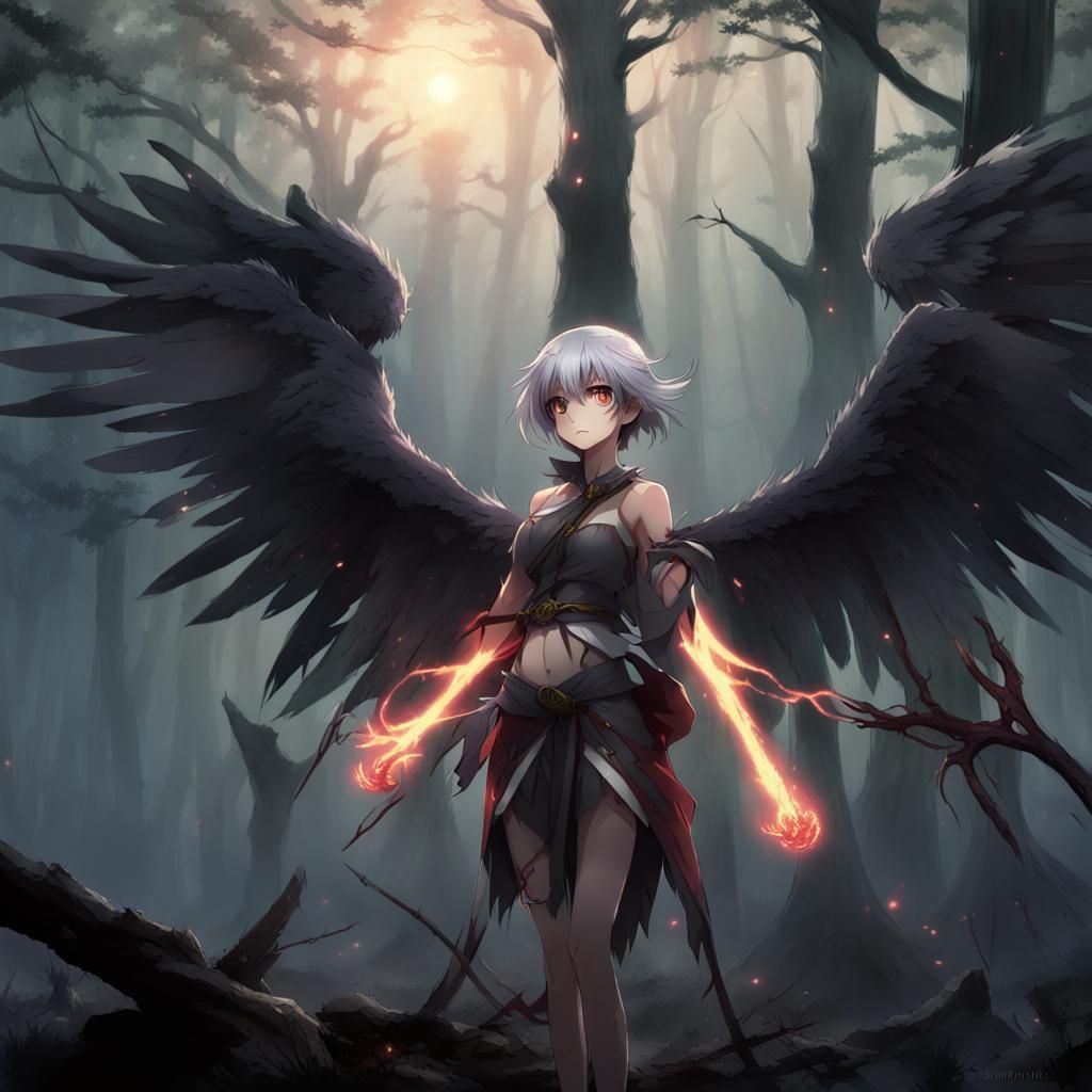 Anime Harpy Girl with Bioluminescent Staff in Forest