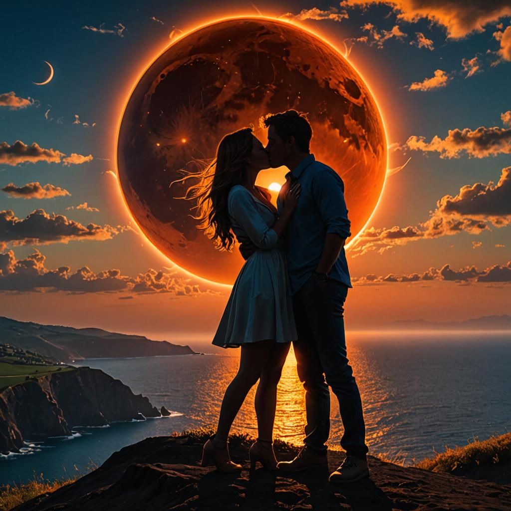 Romantic Solar Eclipse Kiss at Sunset