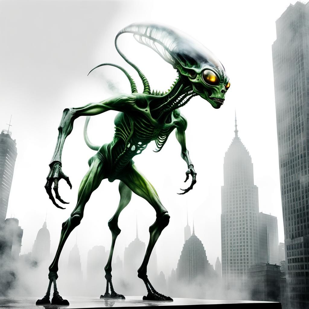 Alien Creature in Dystopian Cityscape: Double Exposure
