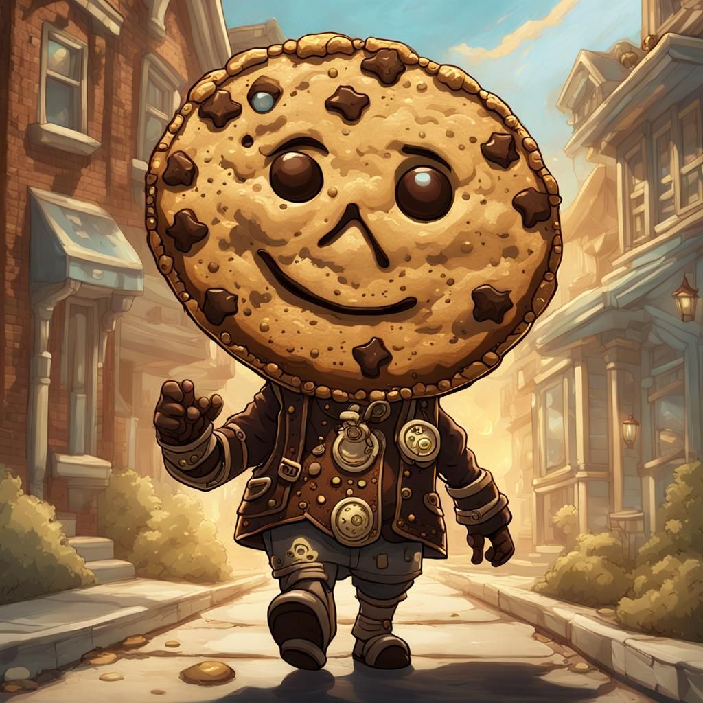 A steampunk chocolate chip cookie walking in suburbia