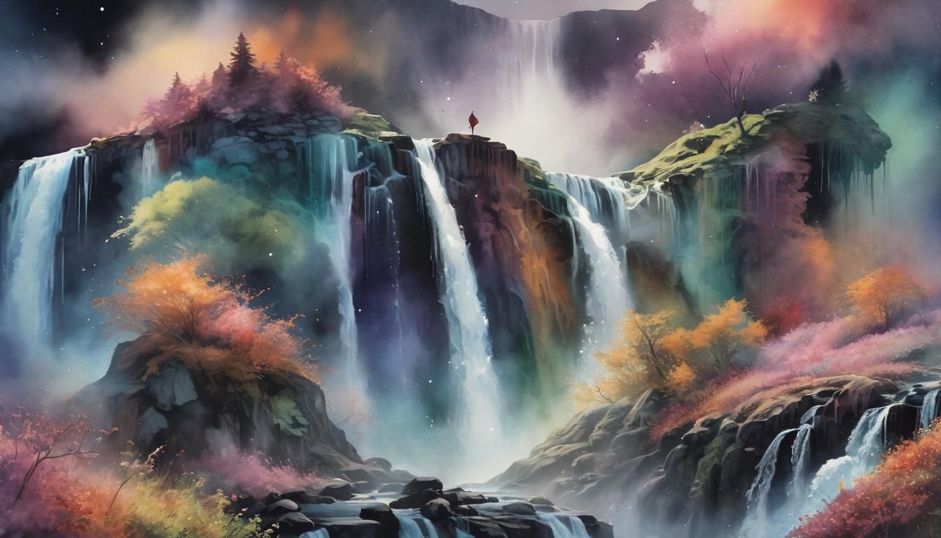 Cosmic Serenade: Watercolor Cloudscape with Fairy Waterfalls