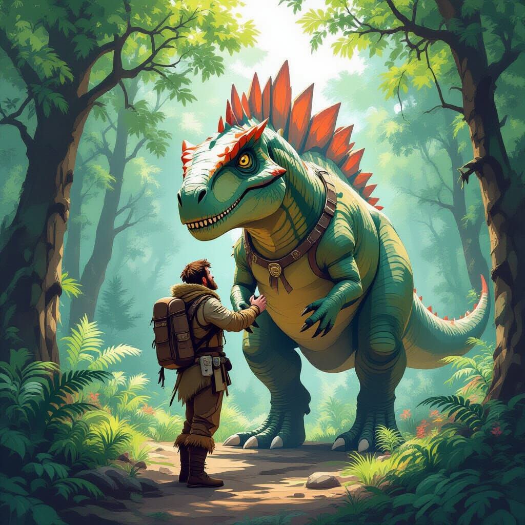 Man Hugs Dinosaur in Lush Prehistoric Forest