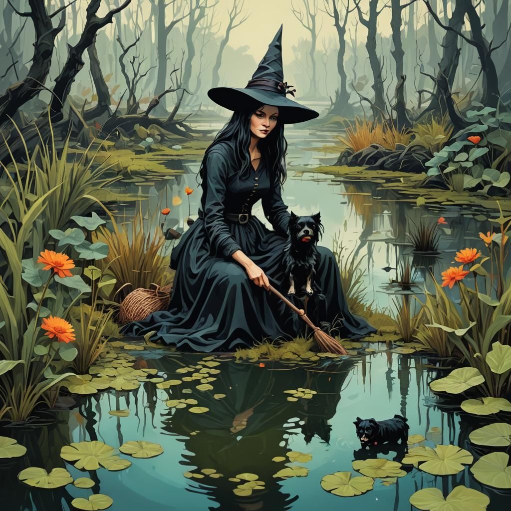Swamp Witch Gardening with Dog: Abstract Art