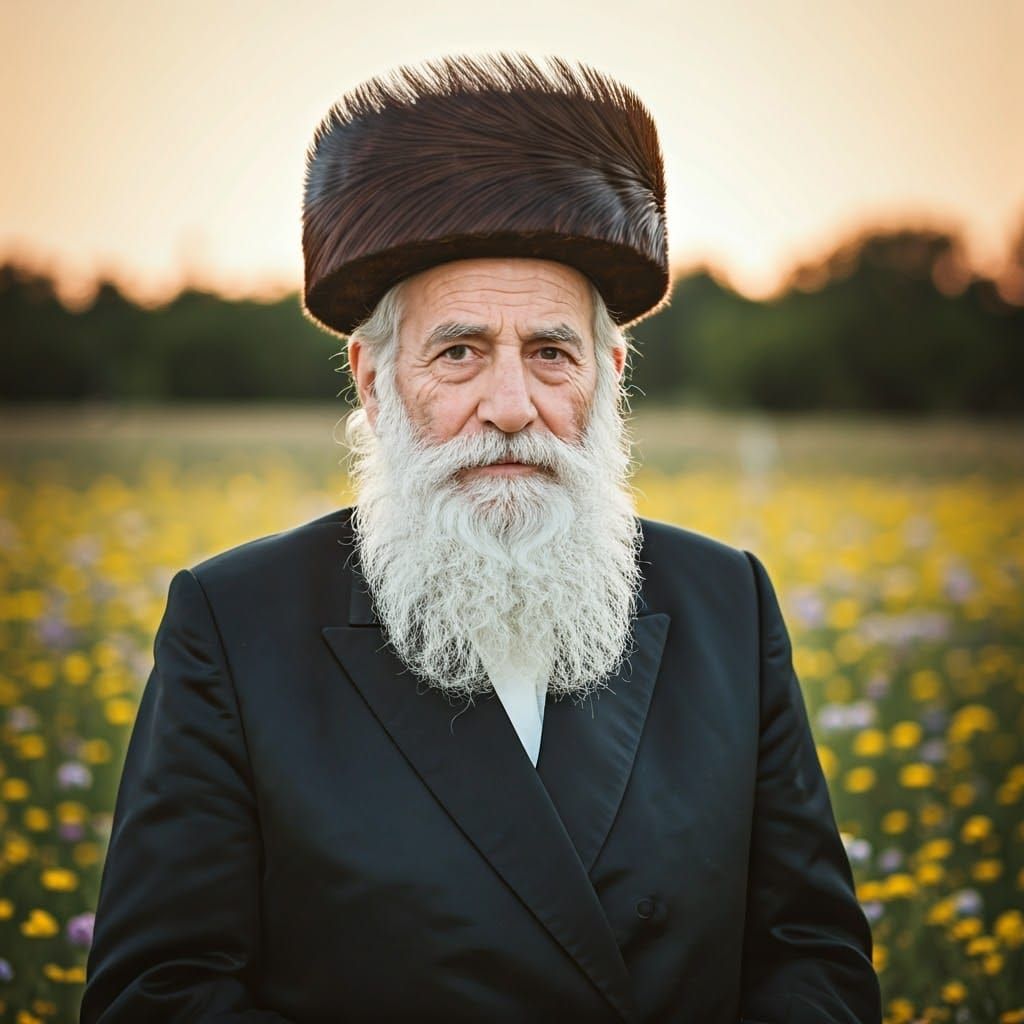 Hasidic Man in Field of Wildflowers at Sunset