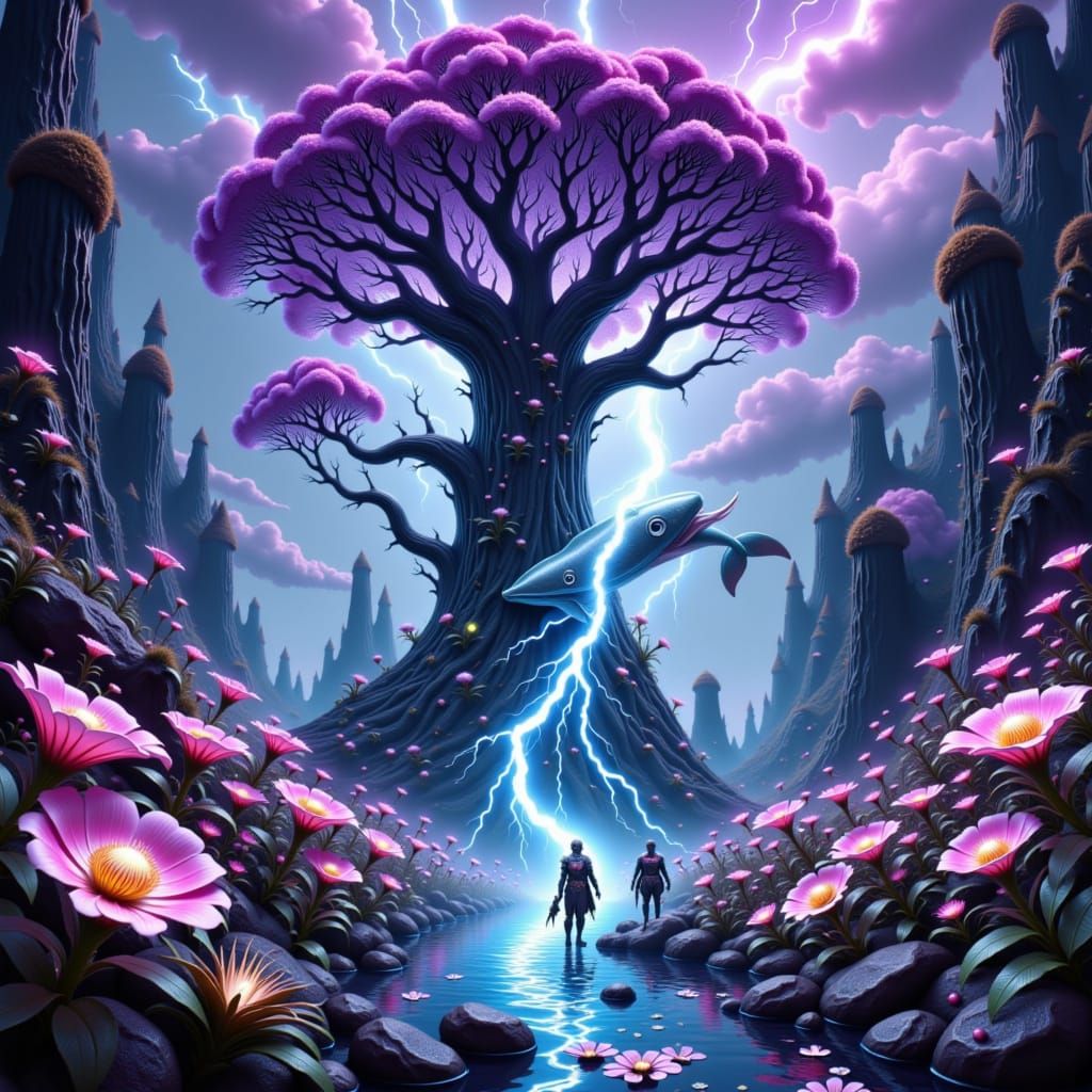 Surreal Landscape with Whale, Lightning, and Warriors