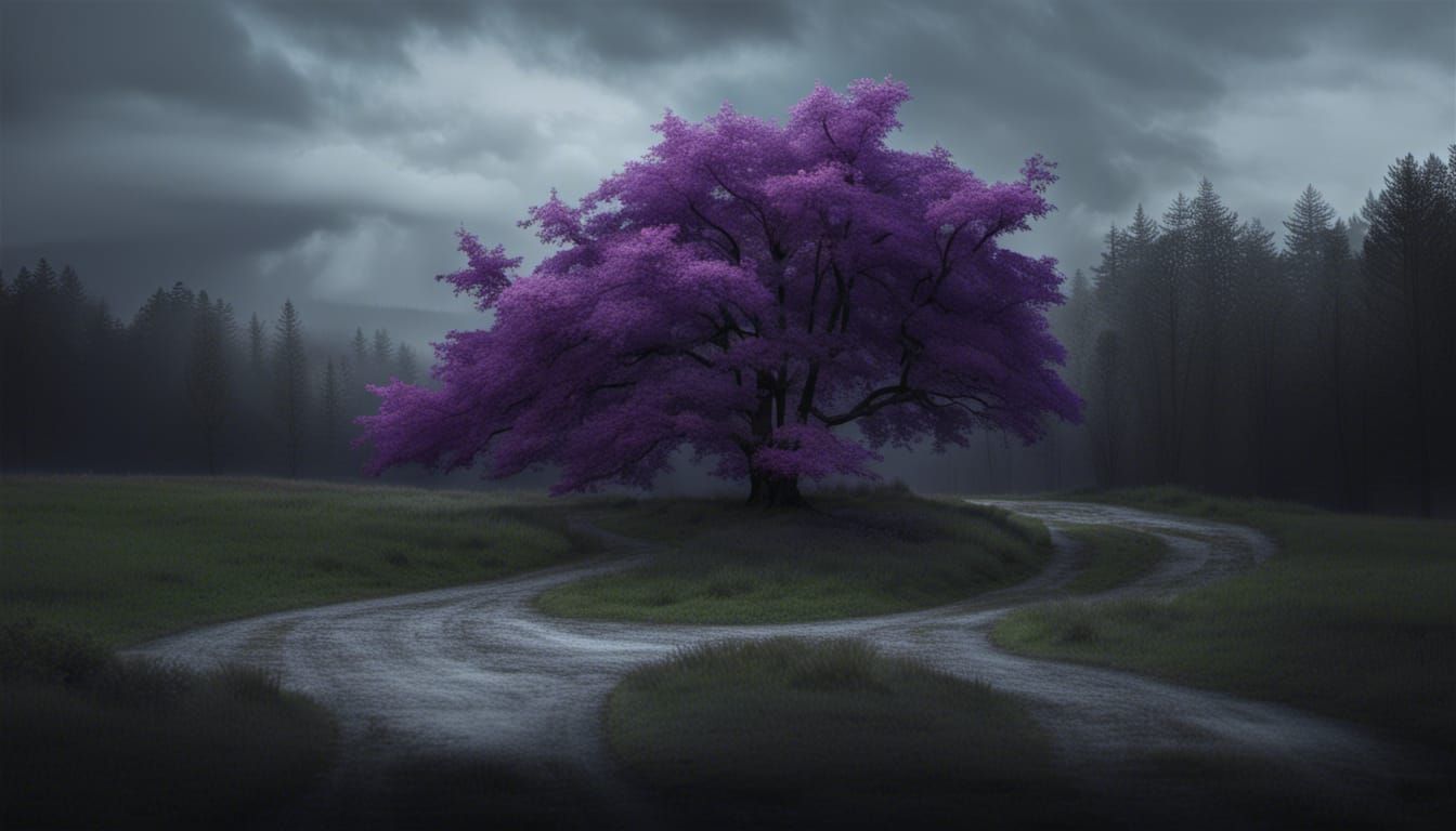 Surreal Liminal Space Landscape with Lavender Oak Tree