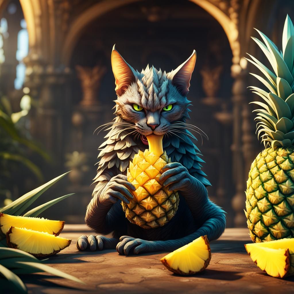 Dragonic Cat Enjoys Pineapple: Fantasy Concept Art
