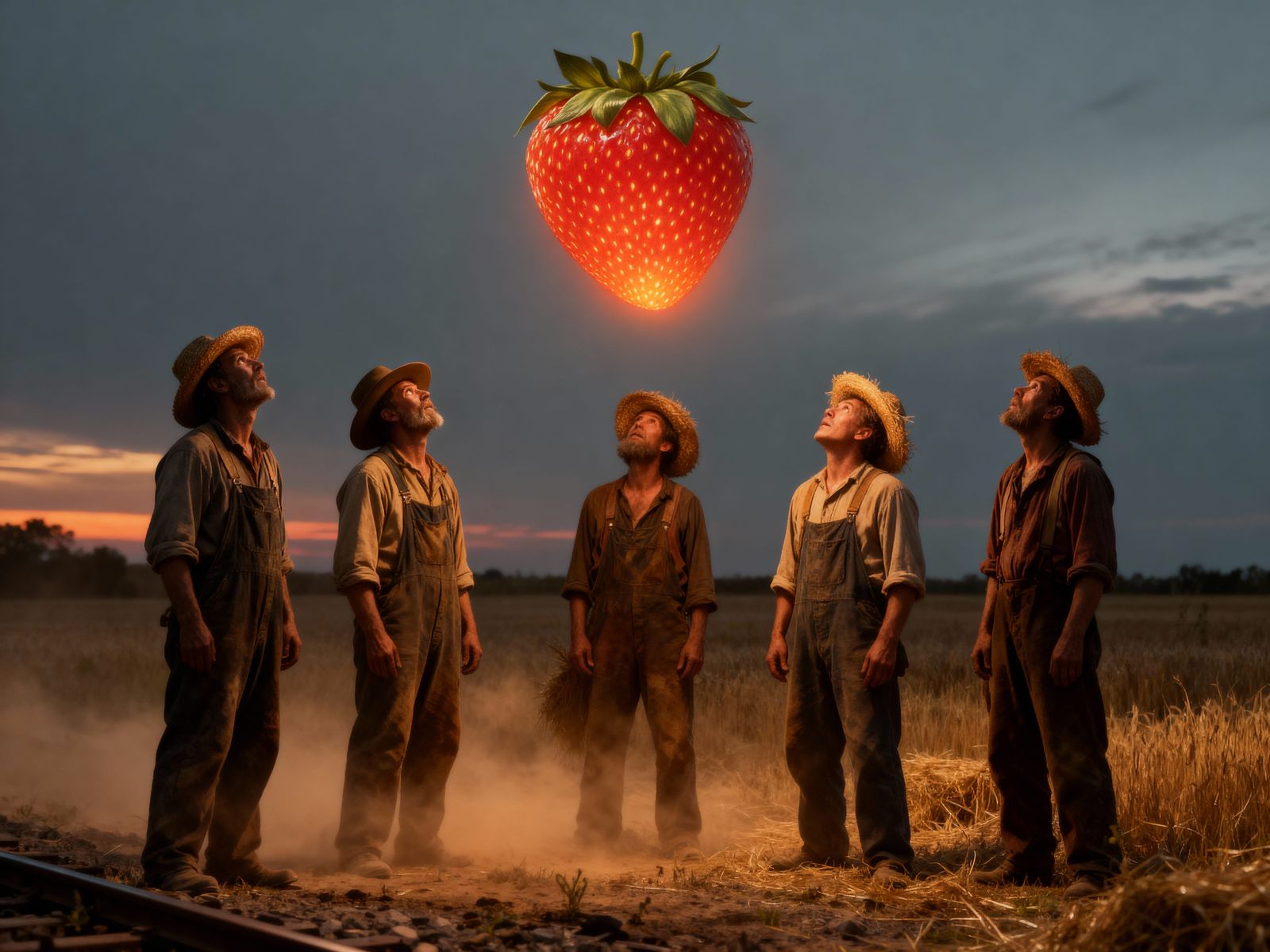 Colossal Luminous Strawberry Over Railroad Tramps at Dusk