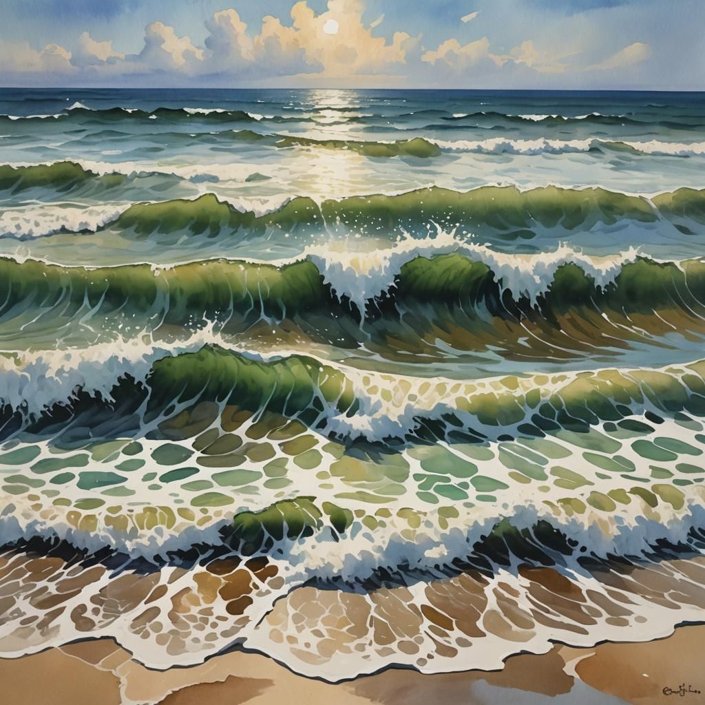 Waves Erasing a Name: Gouache Impressionist Painting