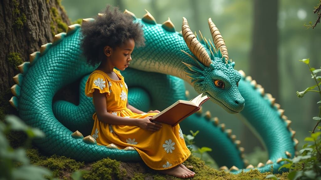 Girl Reading to Dragon in Ethereal Forest